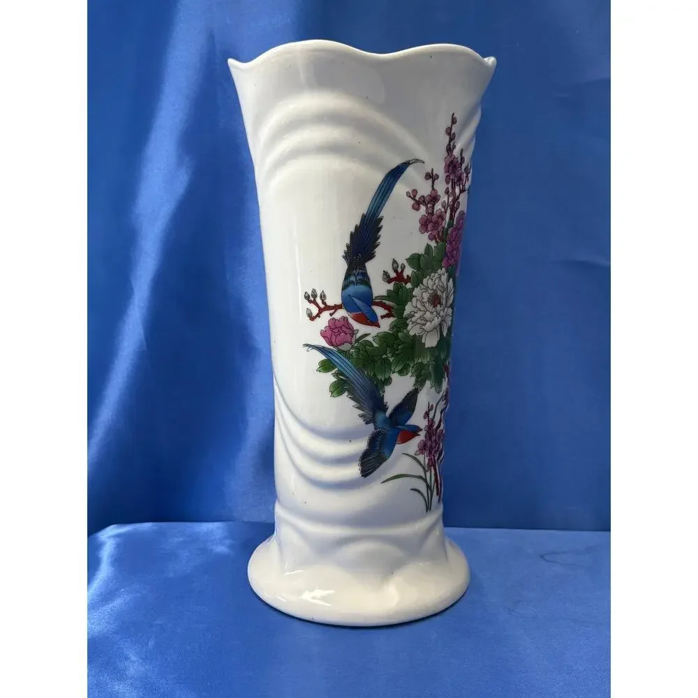 White Porcelain Chinese Spring Vase Accented with Blue Birds and Flowers